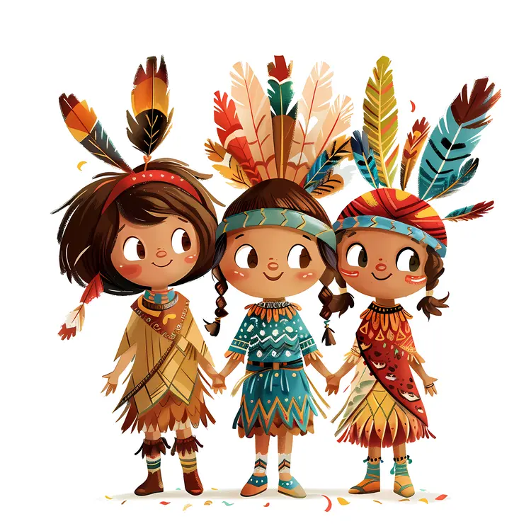 Children in Traditional Attire with Feathers Illustration