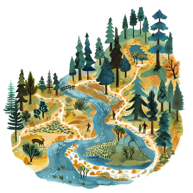 Forest with River and Trails in Watercolor Style