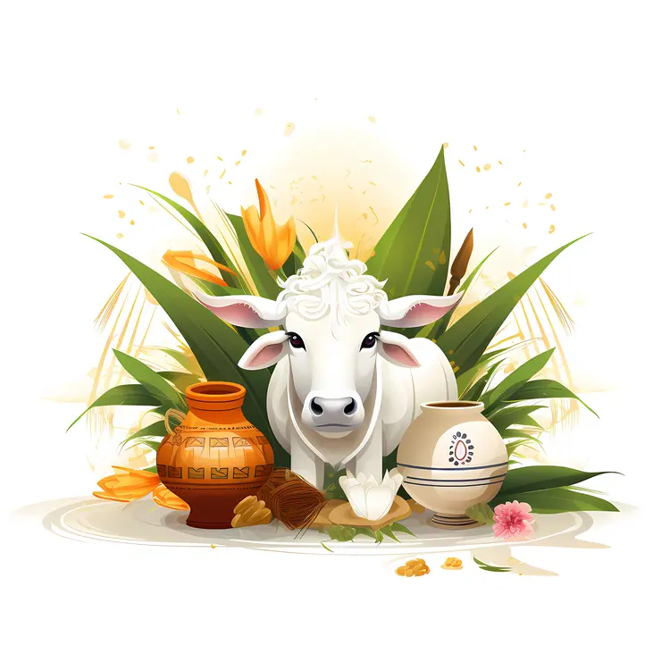 White Cow with Clay Pots and Greenery