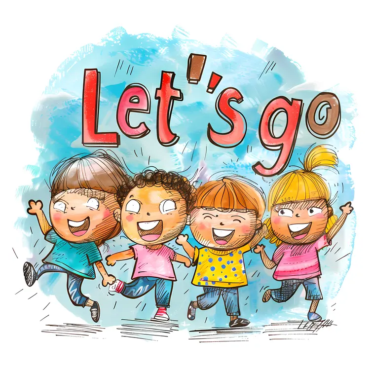 Let's Go Text with Happy Children