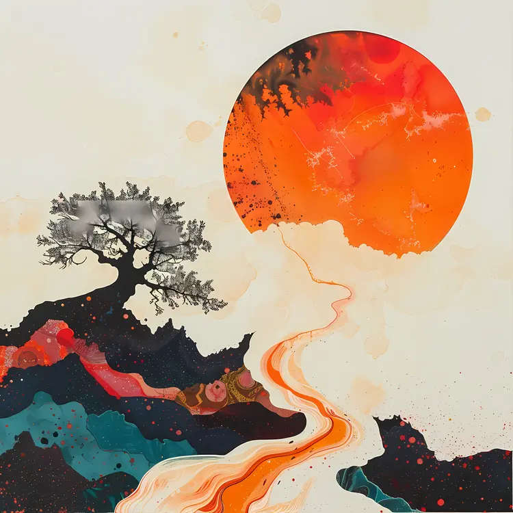 Abstract Tree with Sun and Colorful Landscape