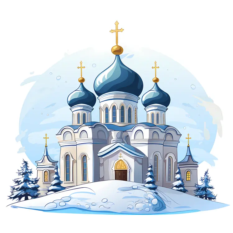 Snowy Russian Orthodox Church with Blue Domes