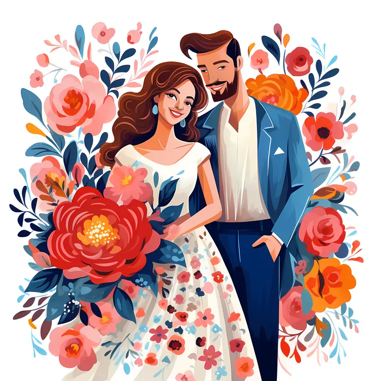 Romantic Couple with Flowers Illustration