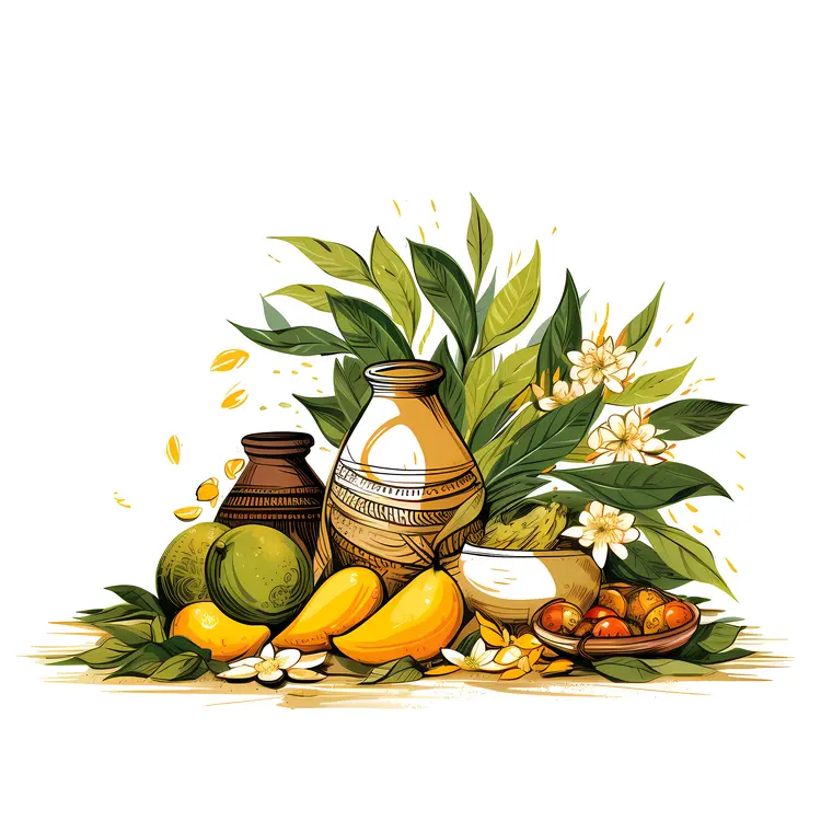 Traditional Pottery and Fruits Still Life