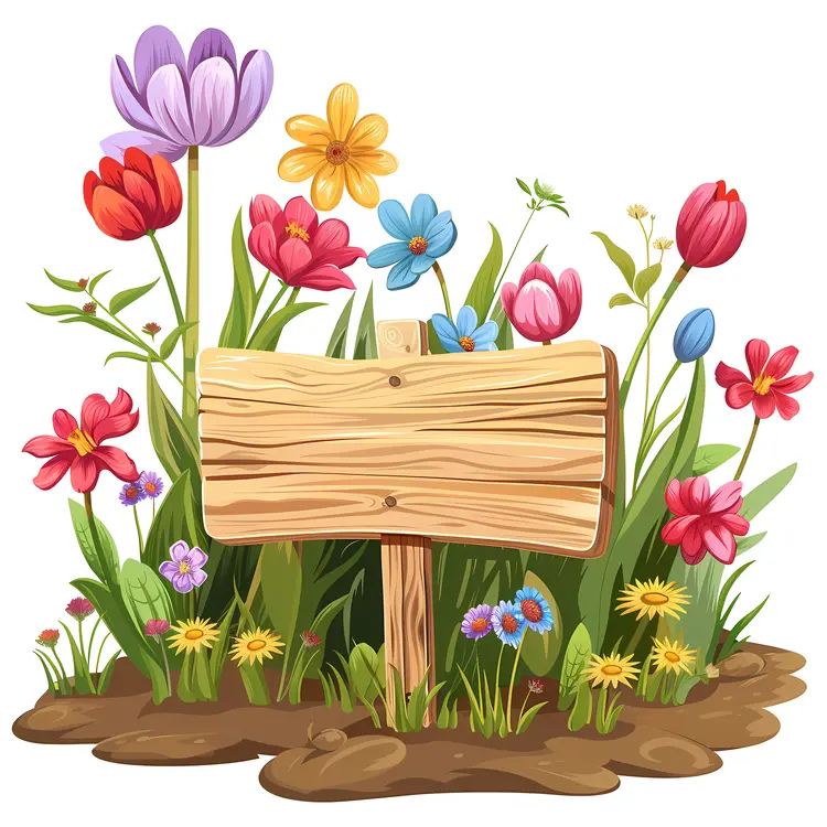 Wooden Sign with Various Colorful Flowers in a Garden