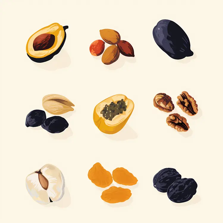 Illustration of Various Dried Fruits and Nuts
