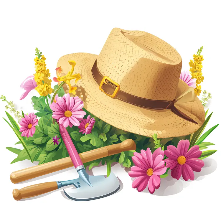 Gardening Tools and Flowers in Spring