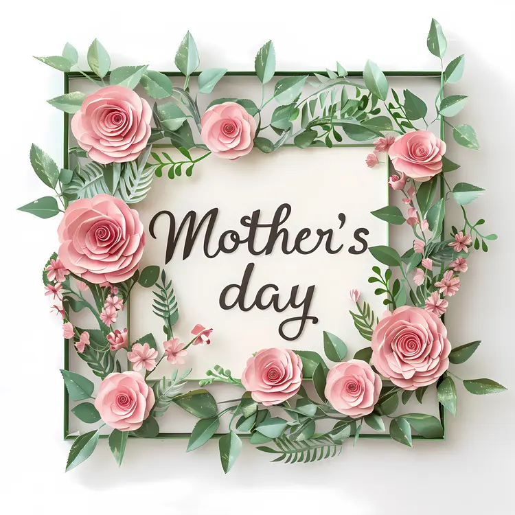 Mother's Day Card with Pink Roses and Green Leaves