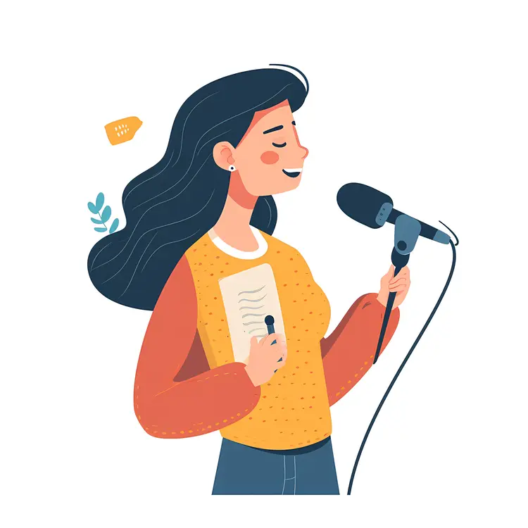 Woman Speaking with Microphone and Notes