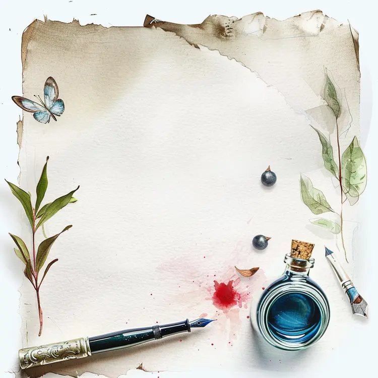 Artistic Fountain Pen with Ink Bottle and Paper