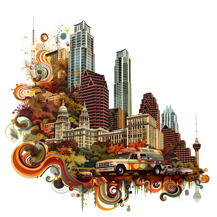 Colorful Urban Cityscape with Retro Cars