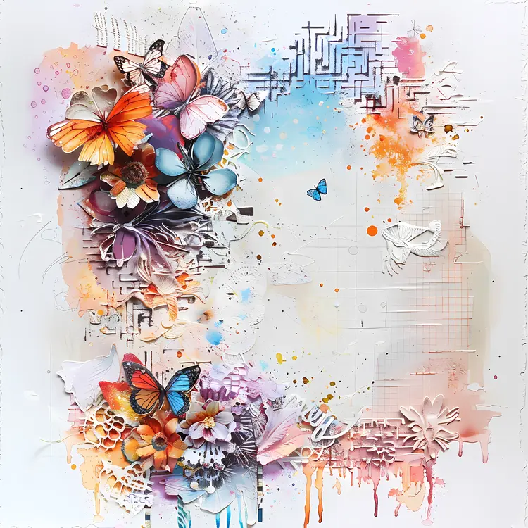 Colorful Butterflies and Flowers in Artistic Frame