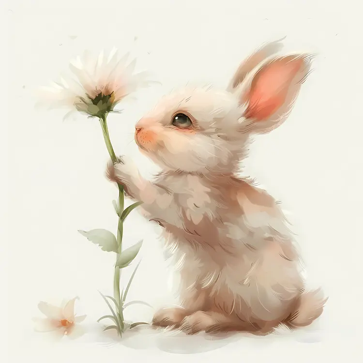 Cute Bunny Holding a White Flower