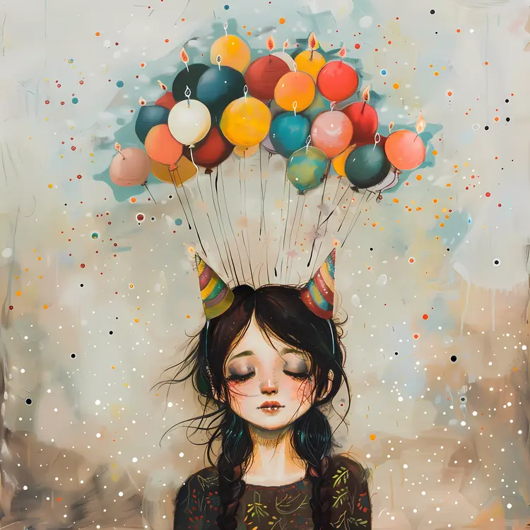 Girl with Balloons and Party Hat