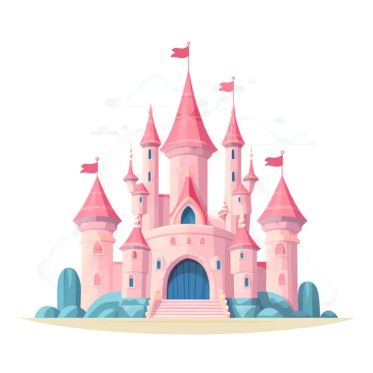 Pink Fairy Tale Castle with Towers and Flags