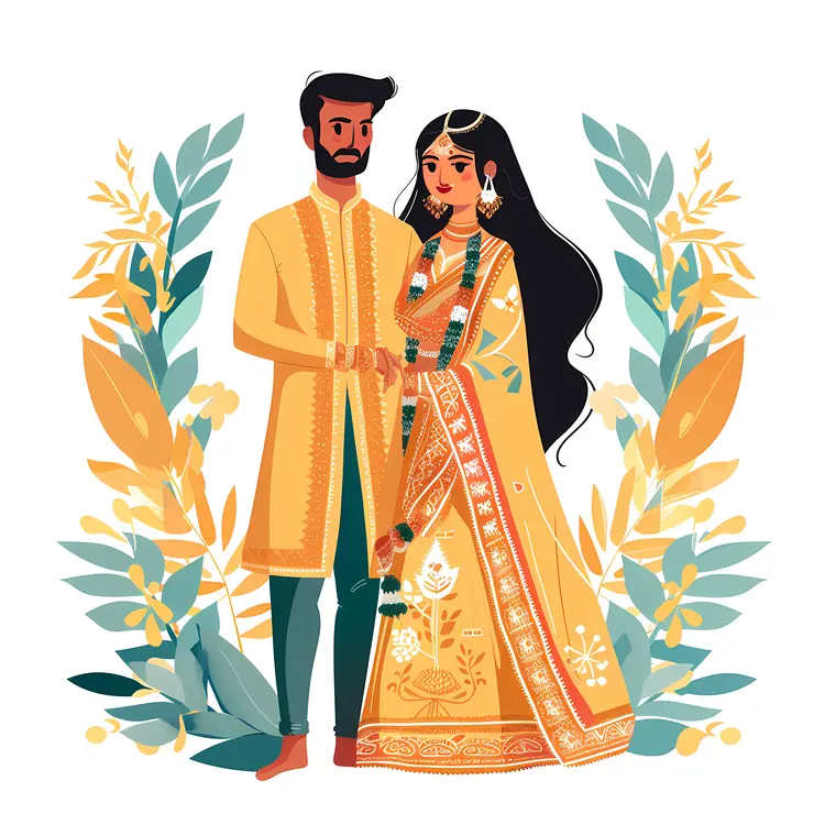 Indian Couple in Traditional Wedding Attire Illustration