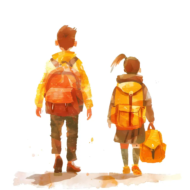 Children with Backpacks Walking to School