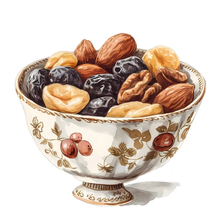 Assorted Nuts and Dried Fruits in Decorative Bowl