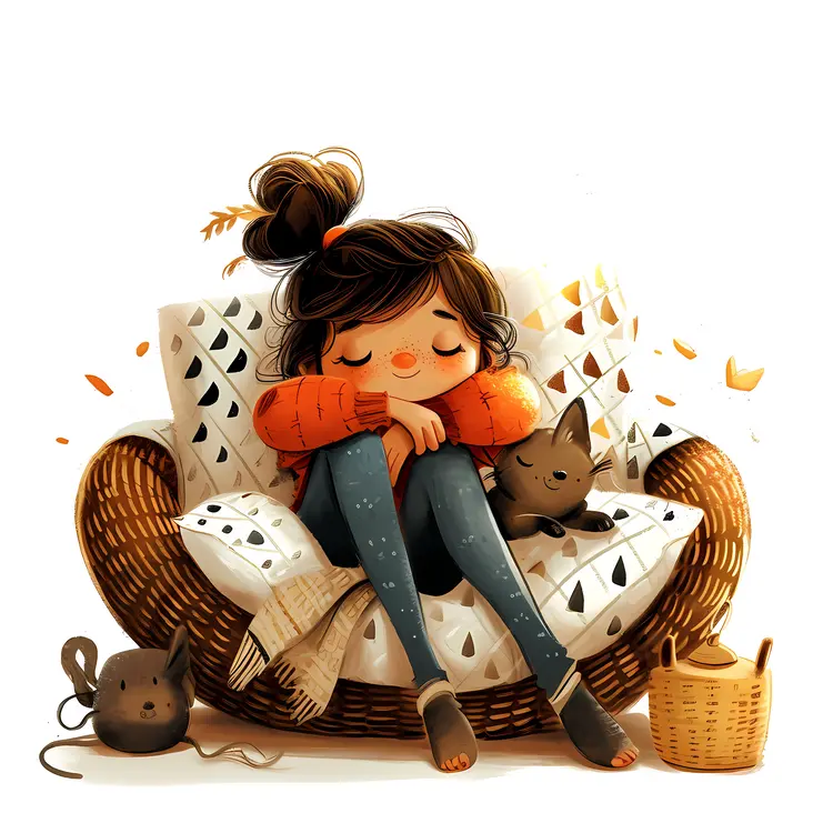 Girl Relaxing with Cats on a Chair