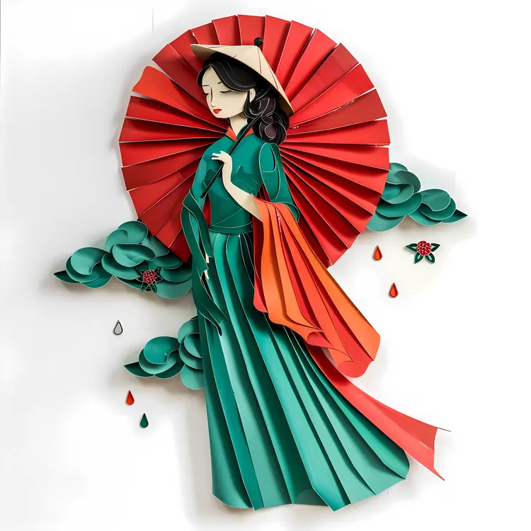 Artistic Woman in Green Dress with Red Umbrella