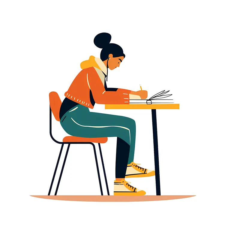Student with Headphones Writing at Table