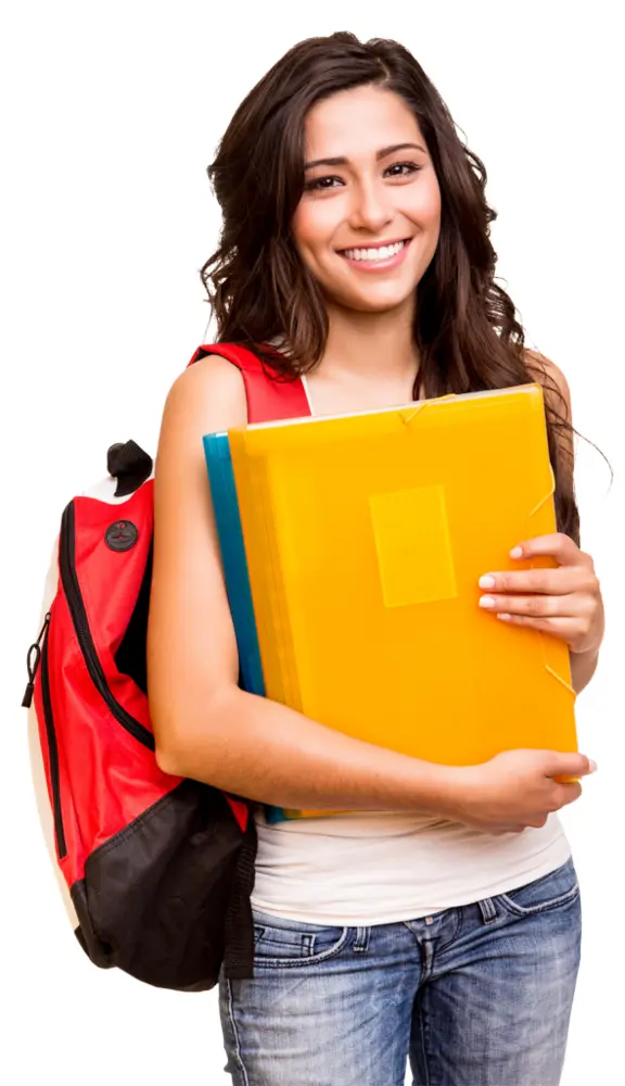 Smiling Woman with Backpack and Notebooks