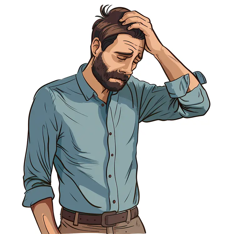 Stressed Man Holding Head in Blue Shirt