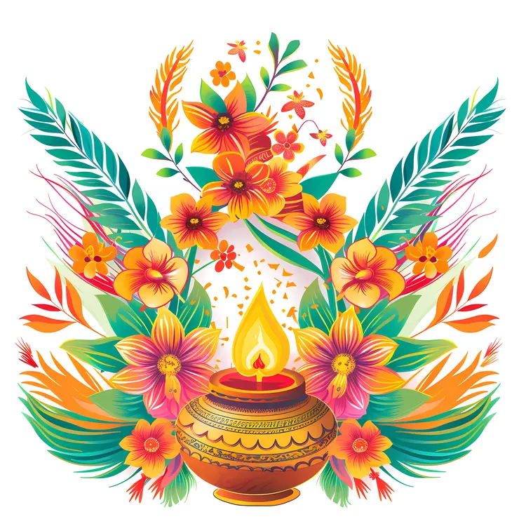 Diya Lamp with Vibrant Flowers and Leaves