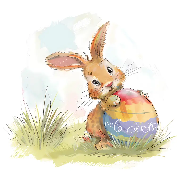 Brown Bunny Holding Colorful Easter Egg