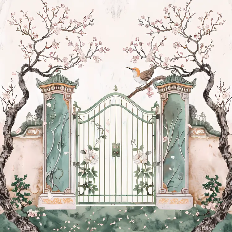 Ornate Gate with Blossoming Trees and Bird