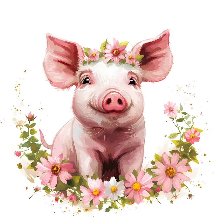Adorable Pig with a Flower Crown