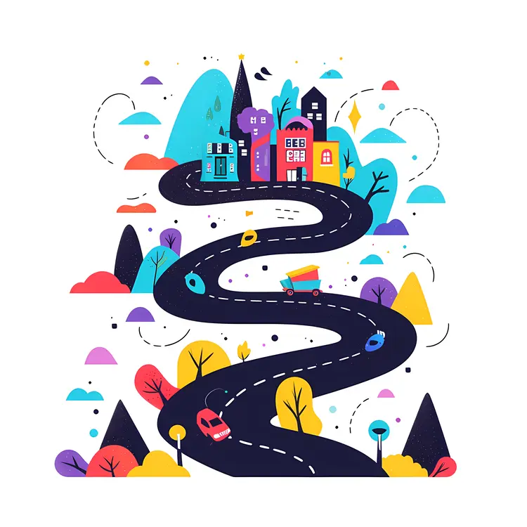 Vibrant Curvy Road with Cars and Buildings
