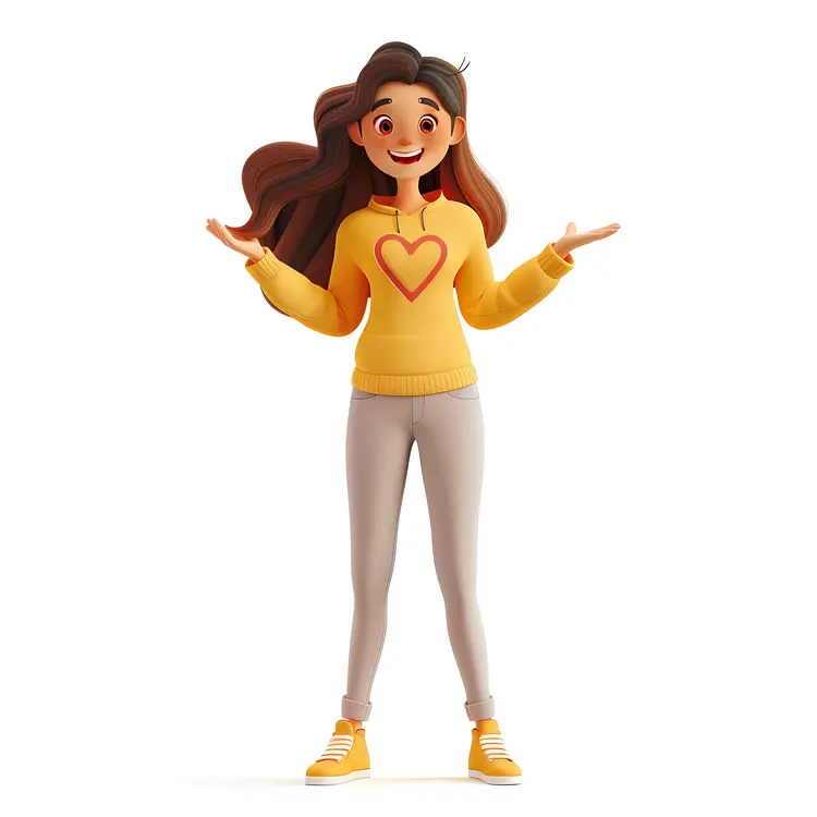 Happy Animated Girl in Yellow Sweater with Heart Design
