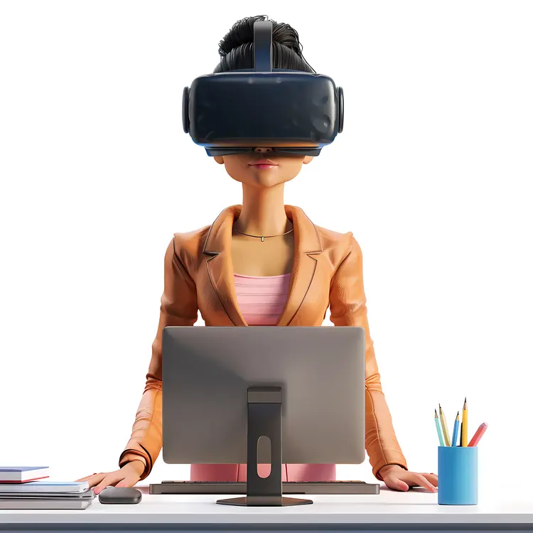 Woman in Orange Jacket with VR Headset at Desk