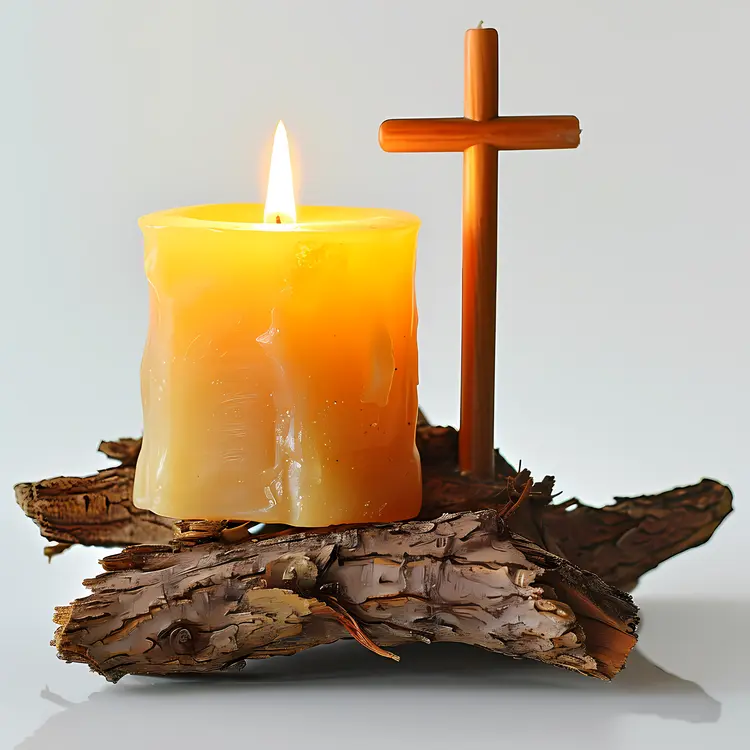 Yellow Candle with Wooden Cross on Bark
