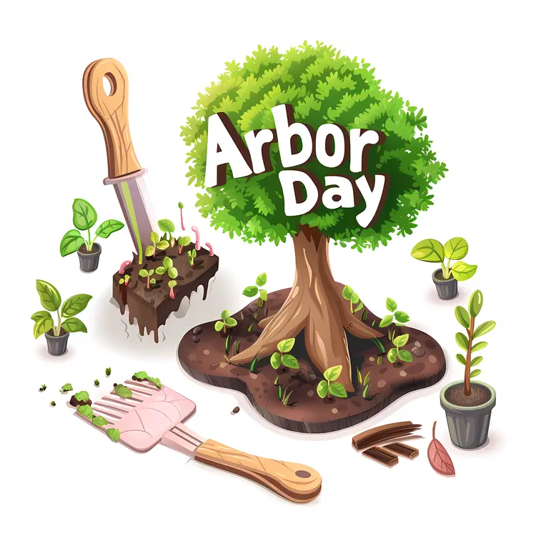 Arbor Day Celebration with Tree and Gardening Tools