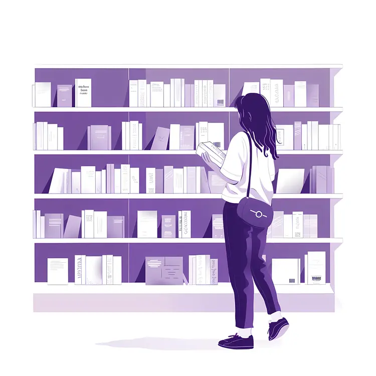 Woman Browsing Books on a Purple Bookshelf