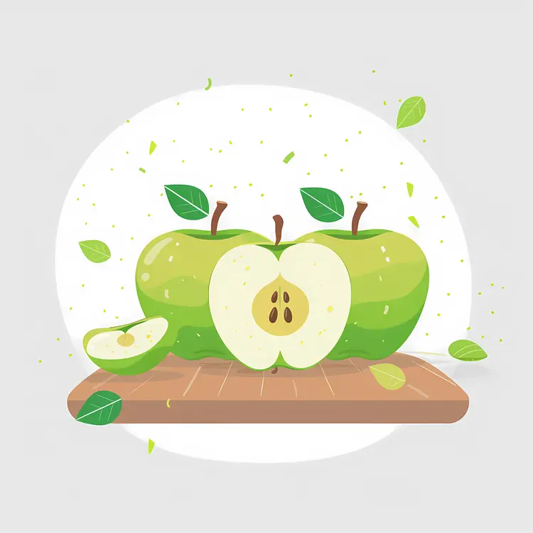 Green Apples with Leaves on Cutting Board