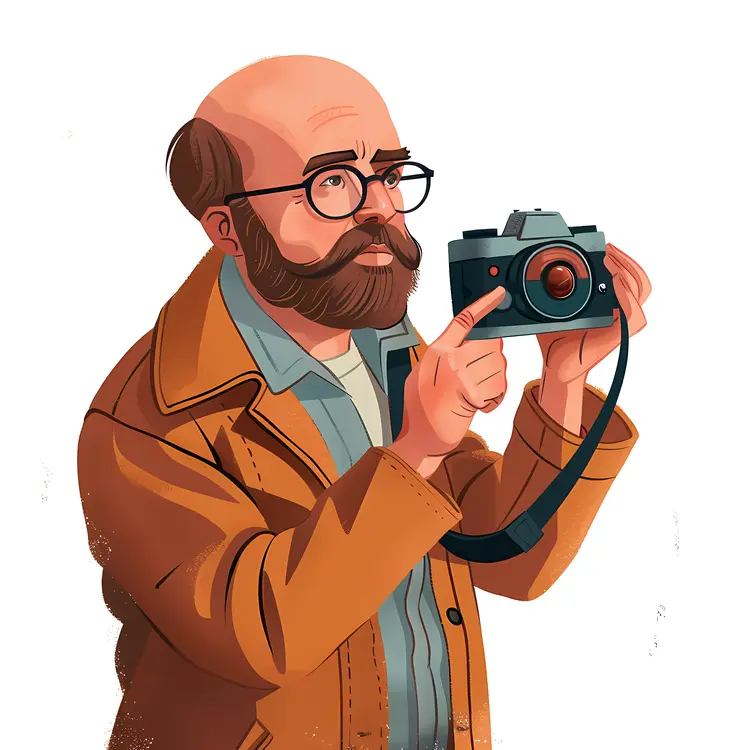 Bald Man with Camera in Brown Jacket