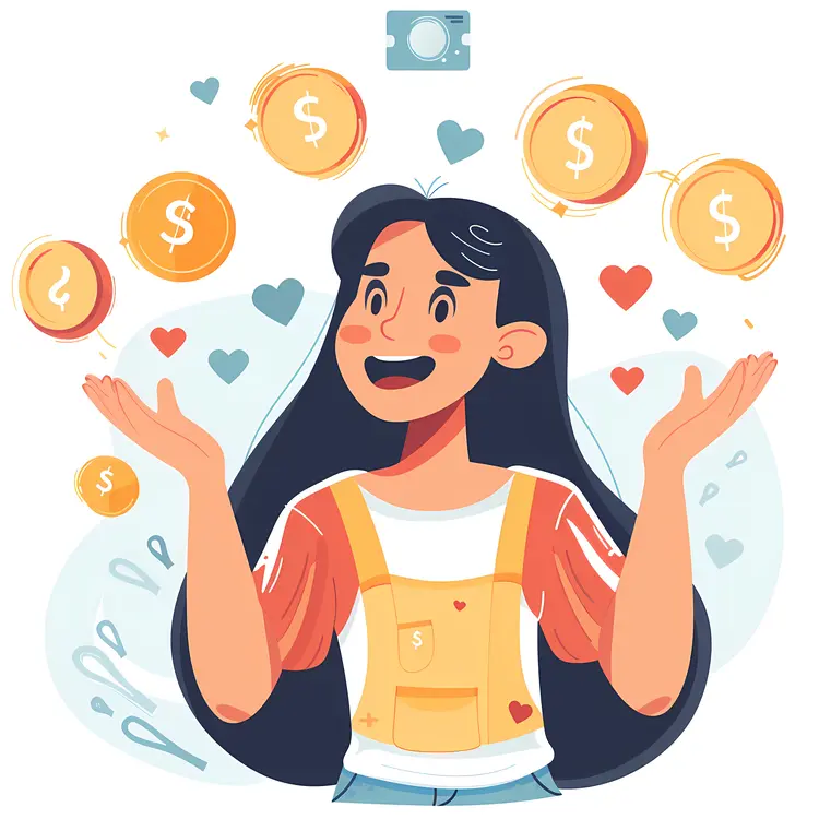 Cartoon Girl with Coins and Emojis