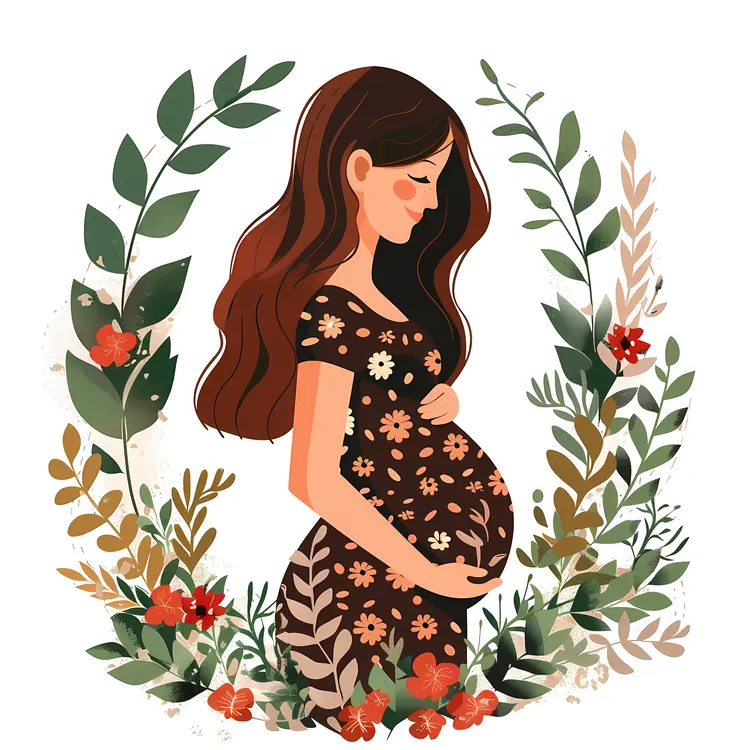 Pregnant Woman in Floral Dress with Flowers