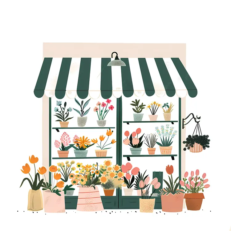 Flower Shop with Striped Awning
