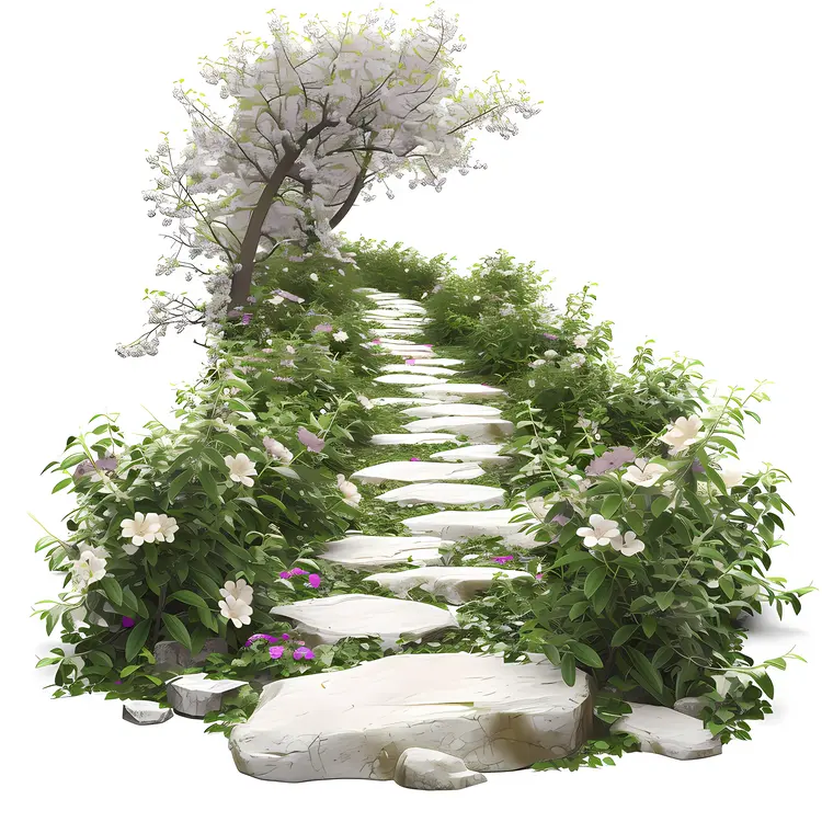Stone Path with White Blossoms
