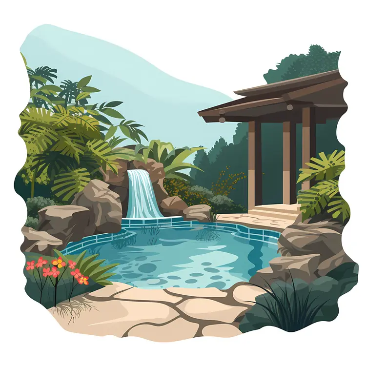 Japanese Garden with Pool and Waterfall