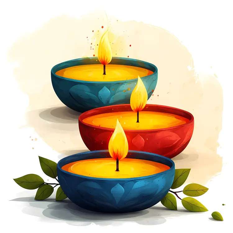 Three Colorful Candles in Decorative Bowls
