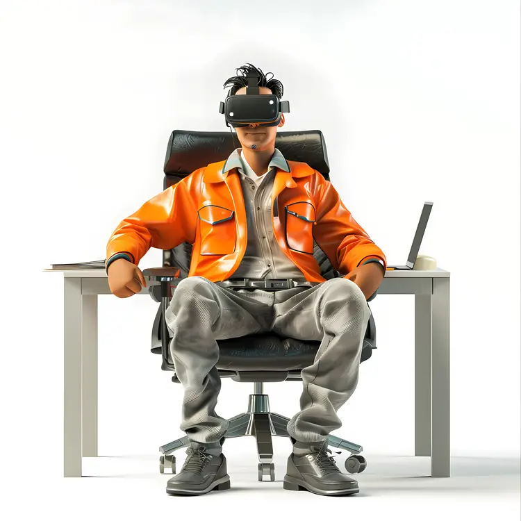 Man in Orange Jacket with VR Headset at Desk