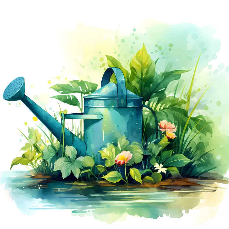 Watering Can with Flowers and Leaves