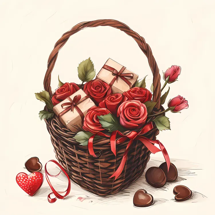 Roses and Gifts in Brown Basket for Valentine's Day