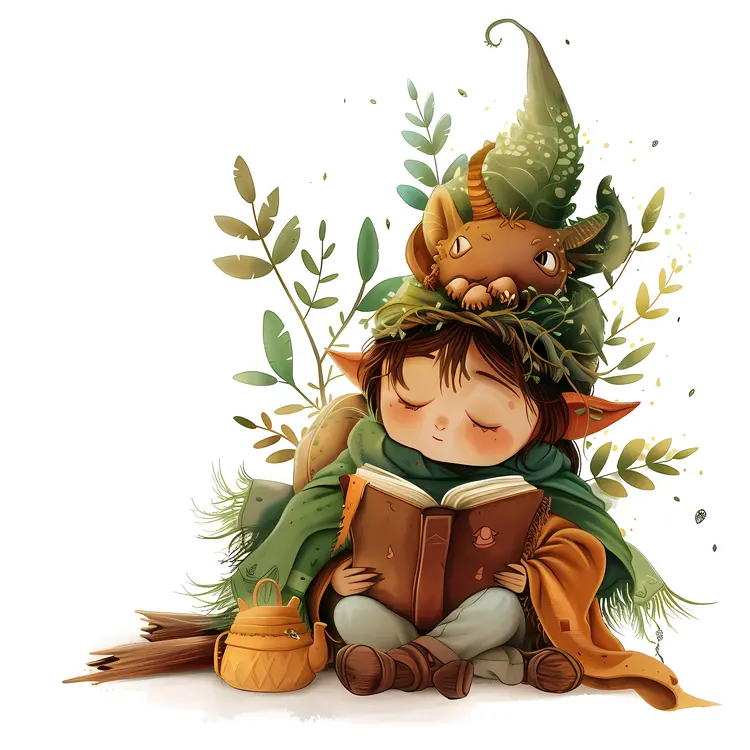 Elf Reading Book in Forest