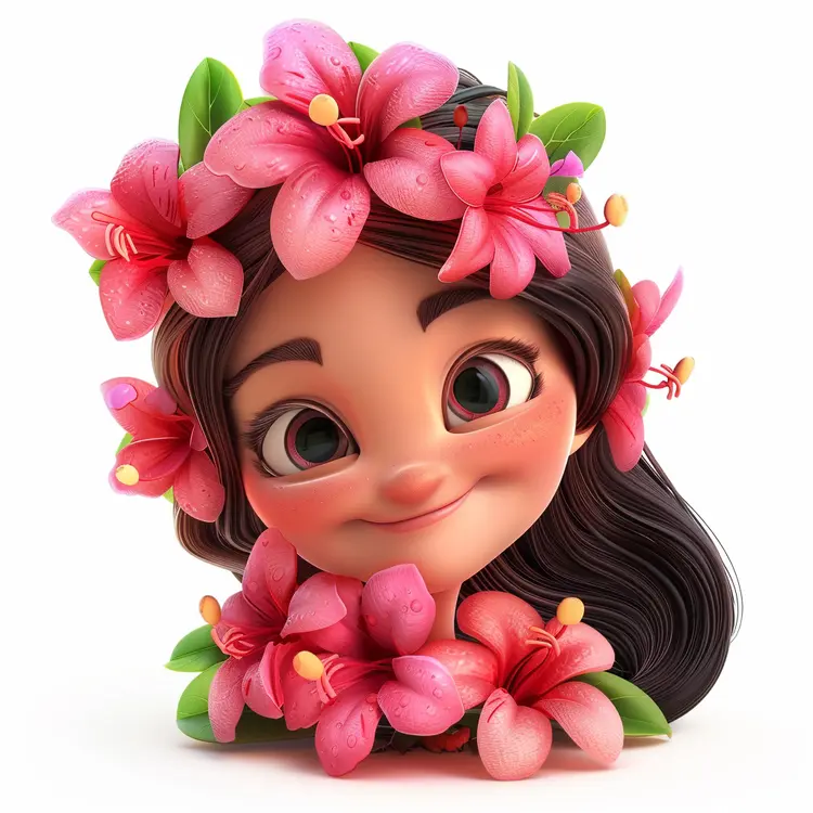 Cartoon Girl with Pink Flowers